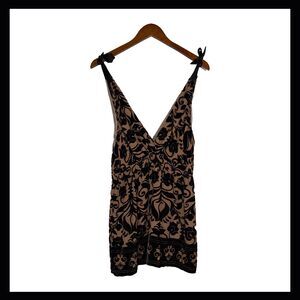 Hale Bob Burnout Velvet Boho Top Tie Shoulder Black Tan Floral Elastic Waist M